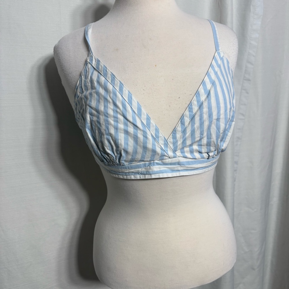 ONLY Blue White Vertical Striped Bralette Crop Top Smocked Back Summer Boho L‎